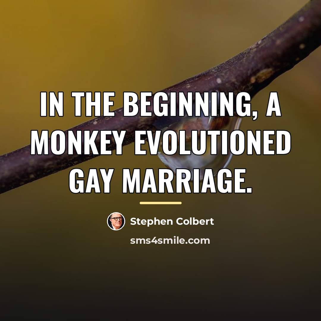 “In the beginning, a monkey evolutioned gay marriage.…” quote by Stephen Colbert