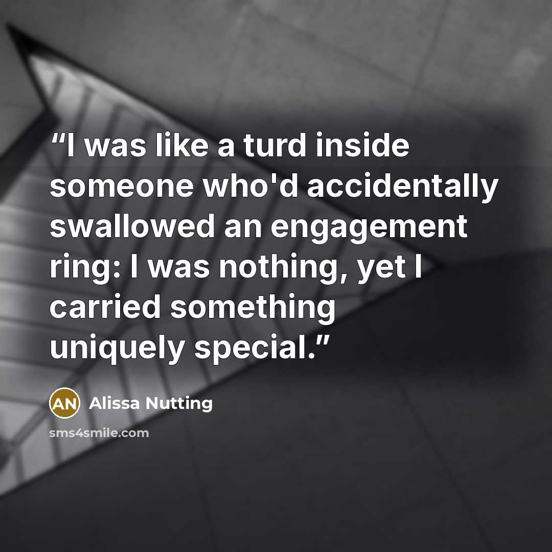 “I was like a turd inside someone who'd accidentally swallowed an engagement ring: I was nothing, yet I carried something uniquely special.” quote by Alissa Nutting