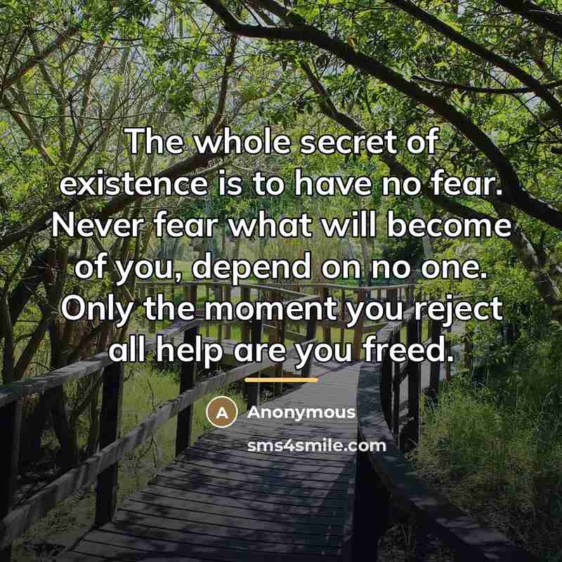 “The whole secret of existence is to have no fear.…” quote by Anonymous