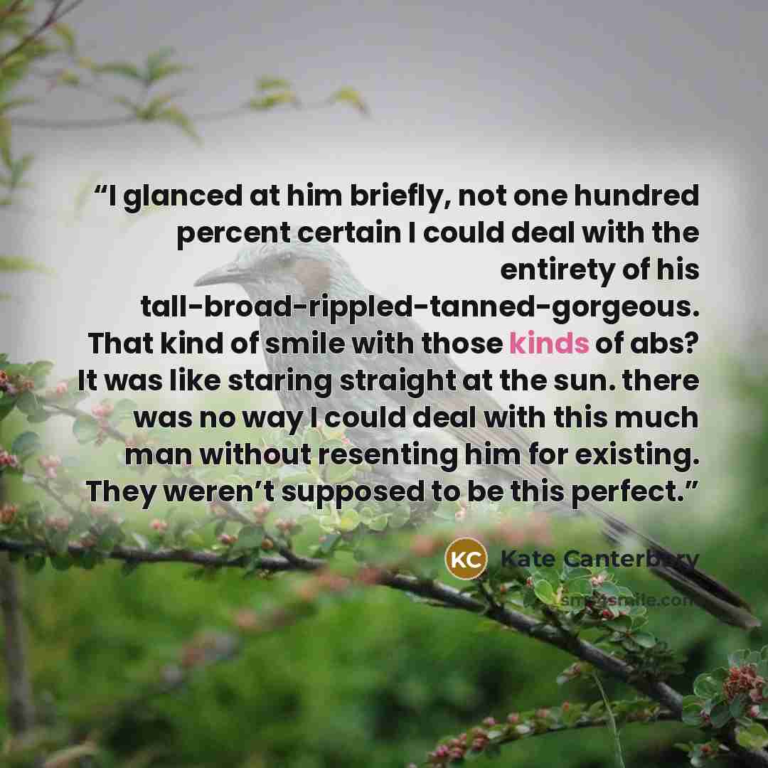 “I glanced at him briefly, not one hundred percent certain I could deal with the entirety of his tall-broad-rippled-tanned-gorgeous. That kind of smile with those kinds of abs? It was like staring straight at the sun. there was no way I could deal with this much man without resenting him for…” quote by Kate Canterbary