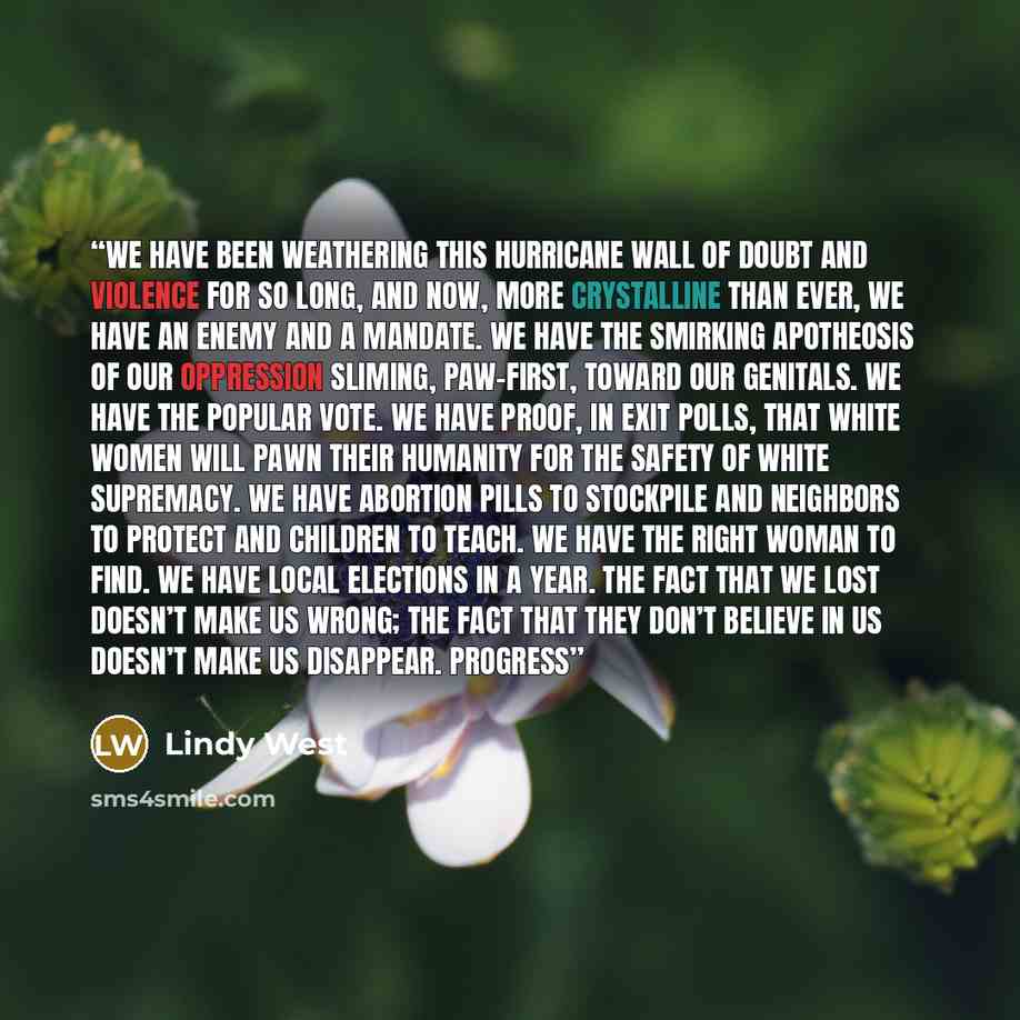 “We have been weathering this hurricane wall of doubt and violence for so long, and now, more crystalline than ever, we have an enemy and a mandate. We have the smirking apotheosis of our oppression sliming, paw-first, toward our genitals. We have the popular vote. We have proof, in exit polls…” quote by Lindy West
