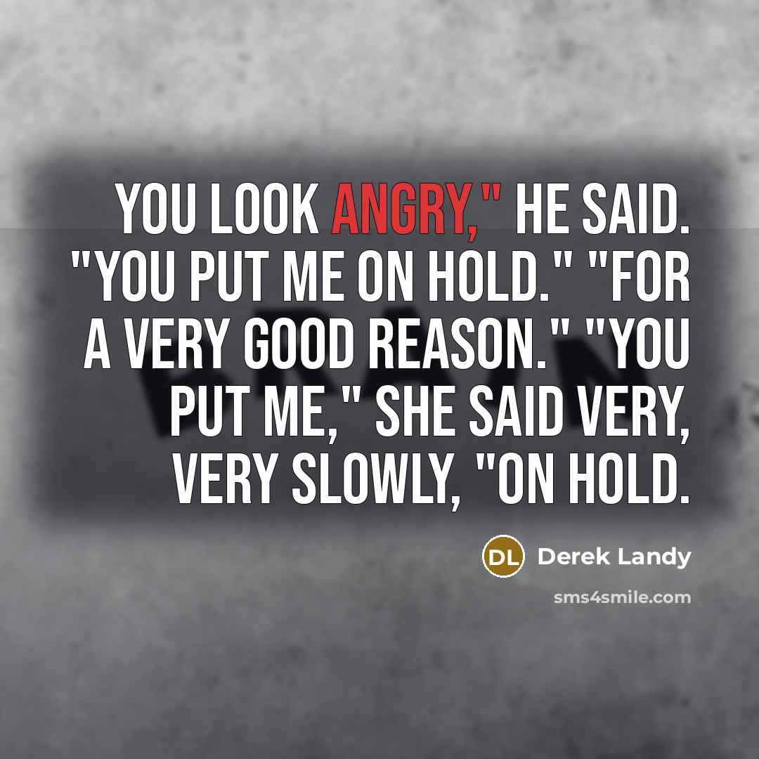 “You look angry," he said. "You put me on hold."…” quote by Derek Landy