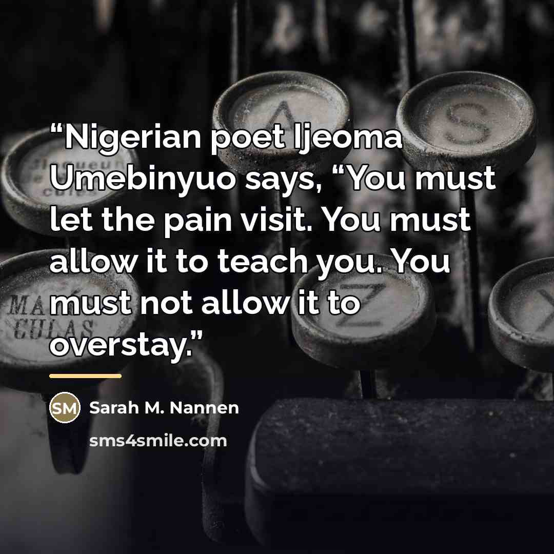 “Nigerian poet Ijeoma Umebinyuo says, “You must let the pain visit. You must allow it to teach you. You must not allow it to overstay.” quote by Sarah M. Nannen
