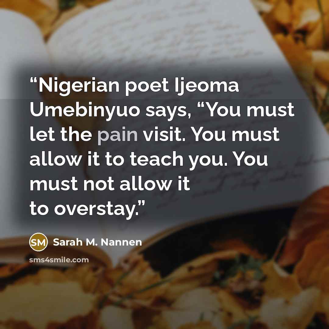 “Nigerian poet Ijeoma Umebinyuo says, “You must let the pain visit. You must allow it to teach you. You must not allow it to overstay.” quote by Sarah M. Nannen