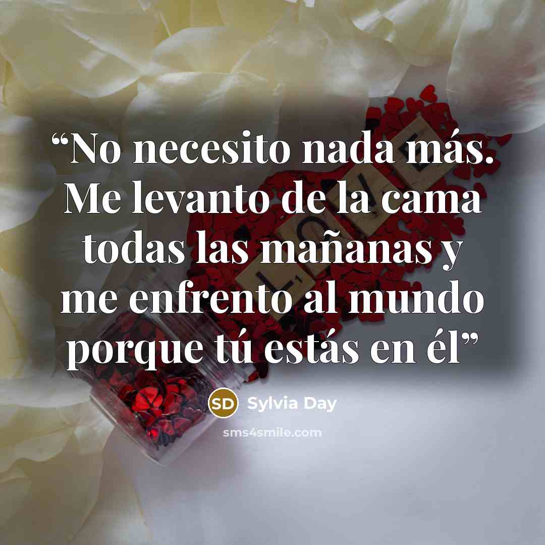 “No necesito nada más. Me levanto de la cama todas las mañanas y me enfrento al mundo porque tú estás en él” quote by Sylvia Day