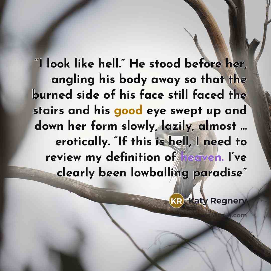 “I look like hell.” He stood before her, angling his body away so that the burned side of his face still faced the stairs and his good eye swept up and down her form slowly, lazily, almost … erotically. “If this is hell, I need to review my definition of heaven. I’ve clearly been lowballing paradise” quote by Katy Regnery
