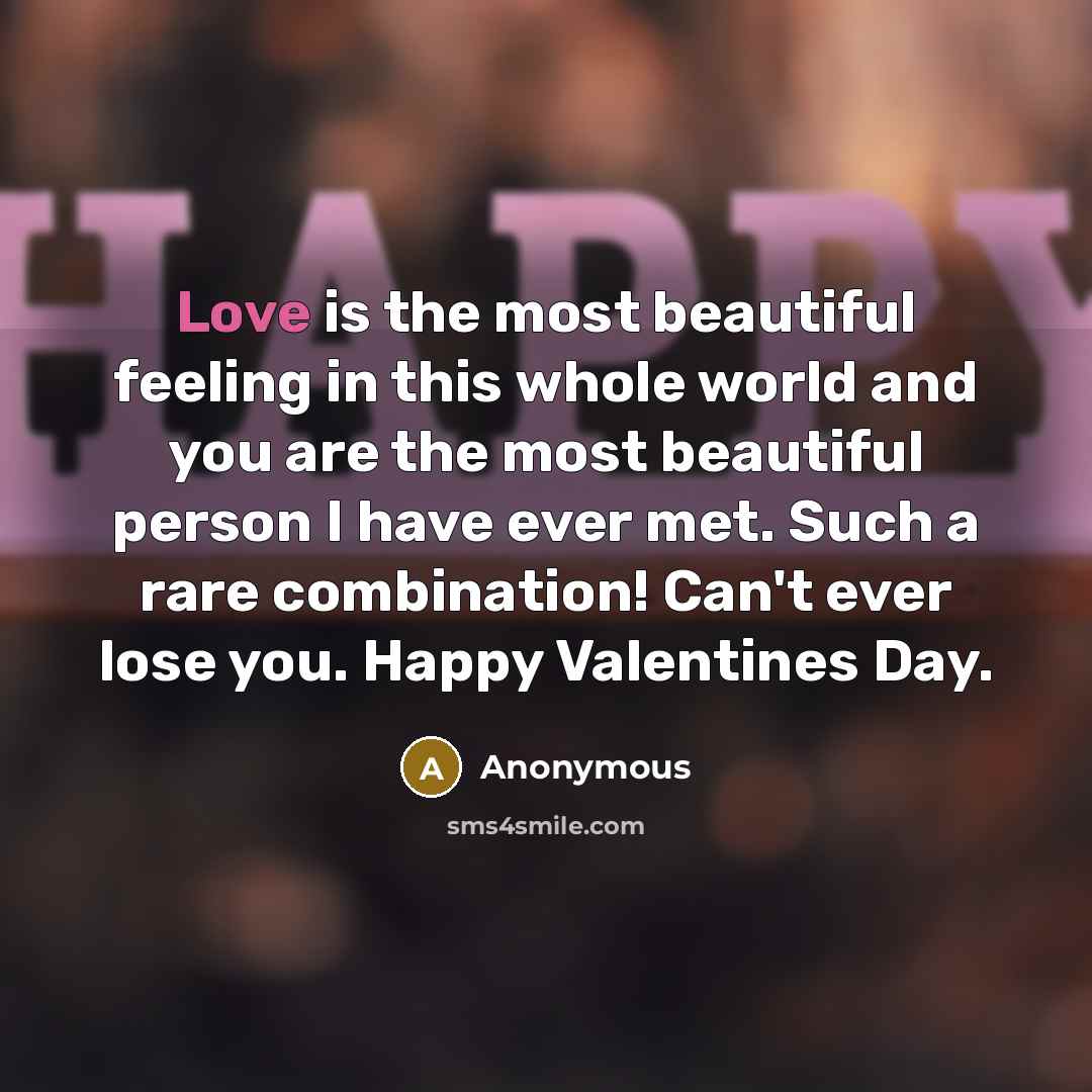 “Love is the most beautiful feeling in this whole world and you are the most beautiful person I have ever met. Such a rare combination! Can't ever lose you. Happy Valentines Day.” quote by Anonymous