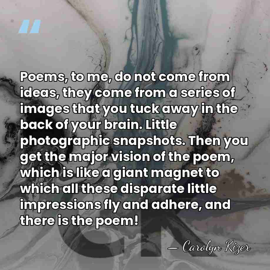 Poems, to me, do not come from ideas, they come from a&hellip; - Carolyn Kizer