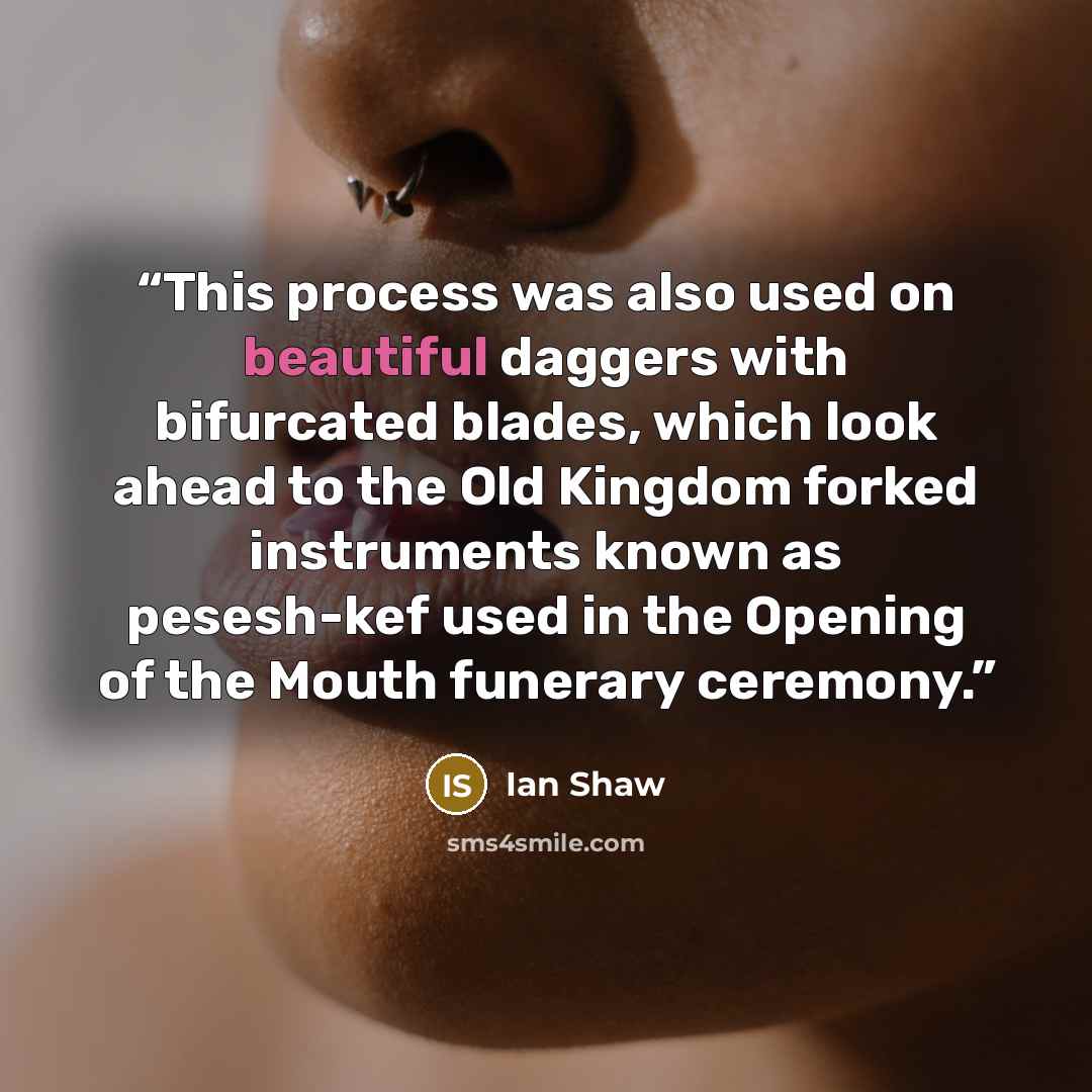 “This process was also used on beautiful daggers with bifurcated blades, which look ahead to the Old Kingdom forked instruments known as pesesh-kef used in the Opening of the Mouth funerary ceremony.” quote by Ian Shaw