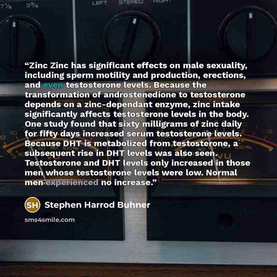 “Zinc Zinc has significant effects on male sexuality, including sperm motility and production, erections, and even testosterone levels. Because the transformation of androstenedione to testosterone depends on a zinc-dependant enzyme, zinc intake significantly affects testosterone levels in the…” quote by Stephen Harrod Buhner