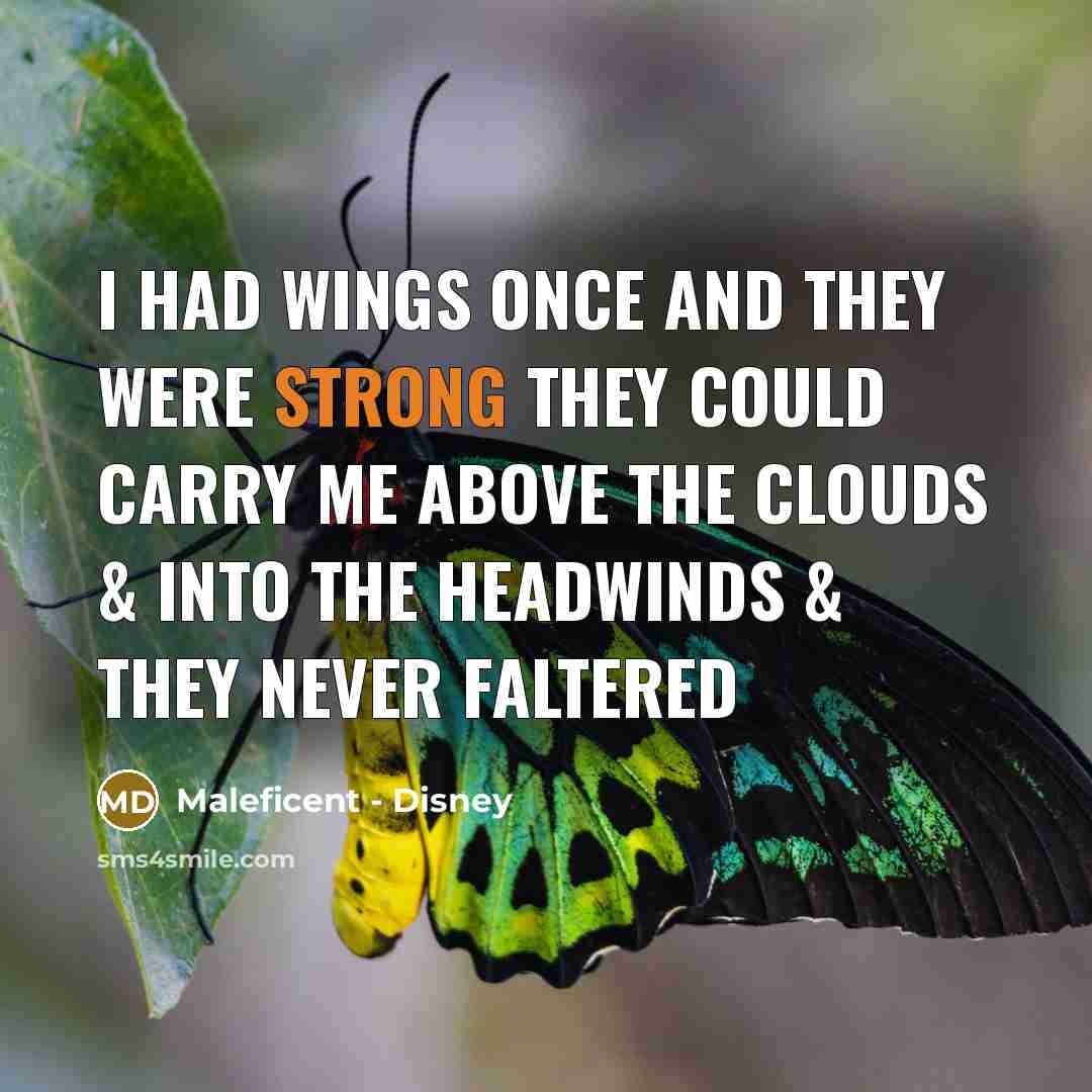 “I had wings once and they were strong They could carry me above the clouds & into the headwinds & they never faltered” quote by Maleficent - Disney