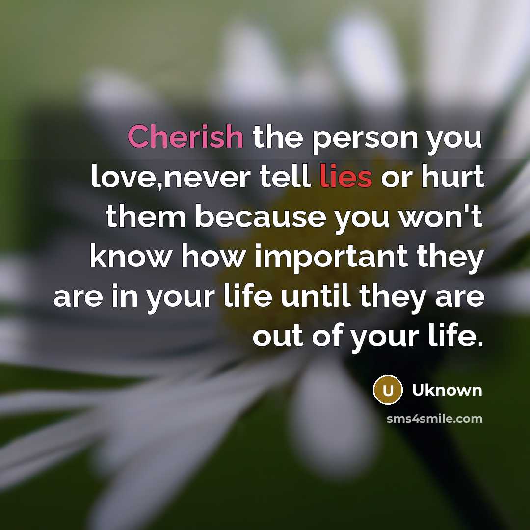 “Cherish the person you love,never tell lies or hurt them because you won't know how important they are in your life until they are out of your life.” quote by UKNOWN