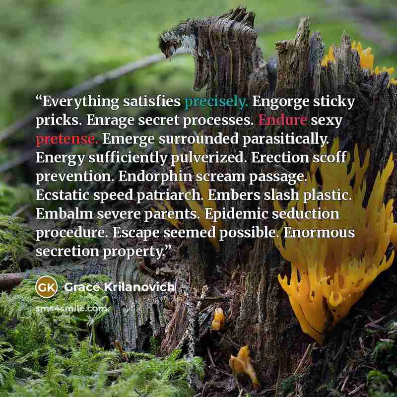 “Everything satisfies precisely. Engorge sticky pricks. Enrage secret processes. Endure sexy pretense. Emerge surrounded parasitically. Energy sufficiently pulverized. Erection scoff prevention. Endorphin scream passage. Ecstatic speed patriarch. Embers slash plastic. Embalm severe parents…” quote by Grace Krilanovich