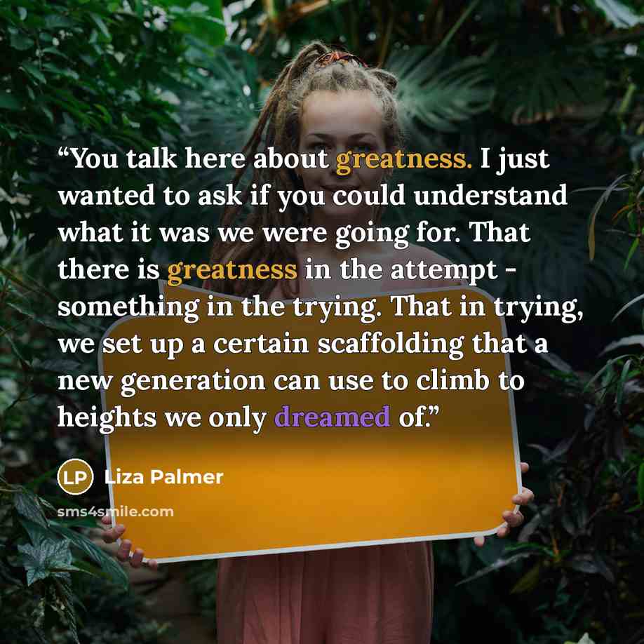 “You talk here about greatness. I just wanted to ask if you could understand what it was we were going for. That there is greatness in the attempt - something in the trying. That in trying, we set up a certain scaffolding that a new generation can use to climb to heights we only dreamed of.” quote by Liza Palmer