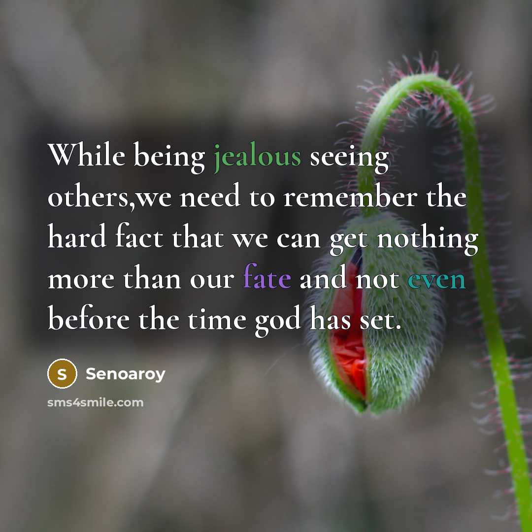 “While being jealous seeing others,we need to remember the hard fact that we can get nothing more than our fate and not even before the time god has set.” quote by Senoaroy
