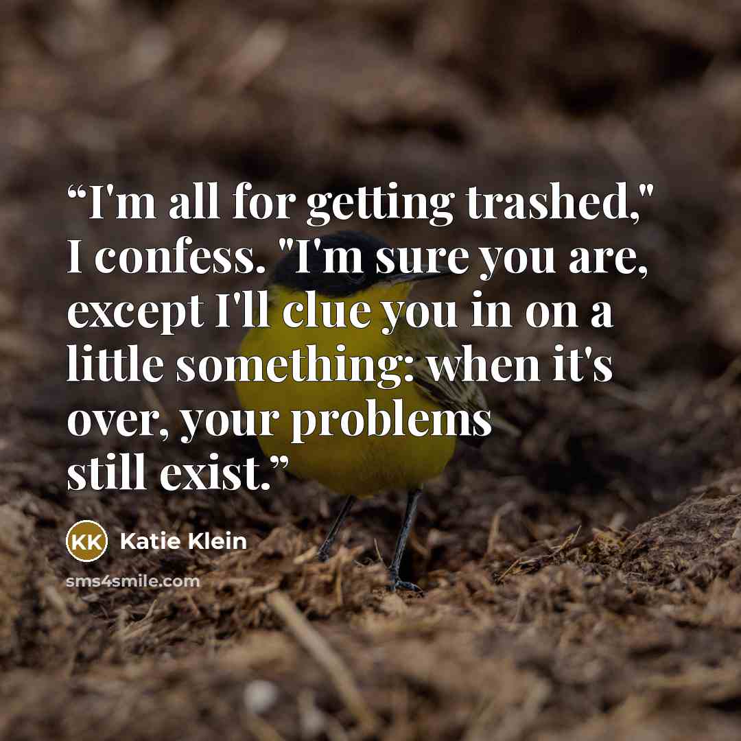 “I'm all for getting trashed," I confess. "I'm sure you are, except I'll clue you in on a little something: when it's over, your problems still exist.” quote by Katie Klein