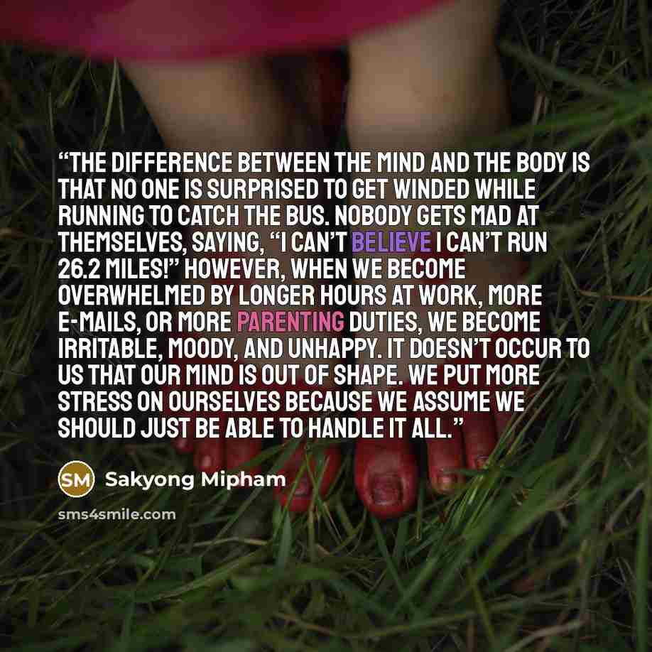 “The difference between the mind and the body is that no one is surprised to get winded while running to catch the bus. Nobody gets mad at themselves, saying, “I can’t believe I can’t run 26.2 miles!” However, when we become overwhelmed by longer hours at work, more e-mails, or more parenting…” quote by Sakyong Mipham