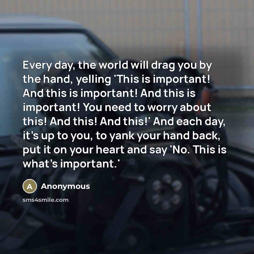 “Every day, the world will drag you by the hand, yelling 'This is important! And this is important! And this is important! You need to worry about this! And this! And this!' And each day, it's up to you, to yank your hand back, put it on your heart and say 'No. This is what's important.'” quote by Anonymous