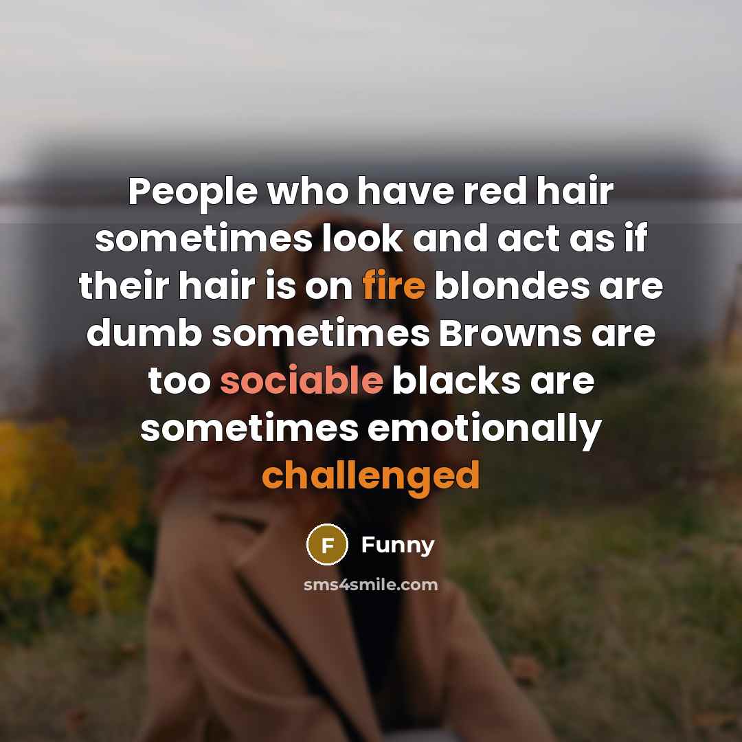 “People who have red hair sometimes look and act as if their hair is on fire blondes are dumb sometimes Browns are too sociable blacks are sometimes emotionally challenged” quote by Funny