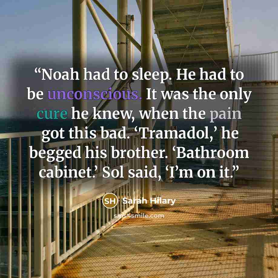 “Noah had to sleep. He had to be unconscious. It was the only cure he knew, when the pain got this bad. ‘Tramadol,’ he begged his brother. ‘Bathroom cabinet.’ Sol said, ‘I’m on it.” quote by Sarah Hilary