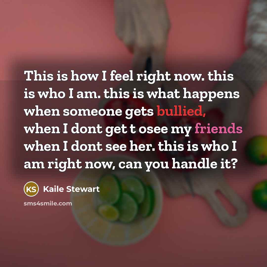 “This is how I feel right now. this is who I am. this is what happens when someone gets bullied, when I dont get t osee my friends when I dont see her. this is who I am right now, can you handle it?” quote by Kaile Stewart