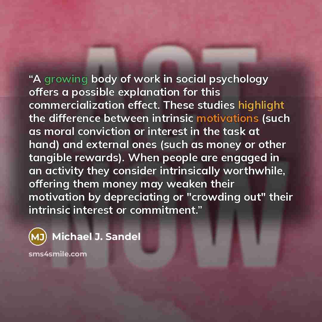 “A growing body of work in social psychology offers a possible explanation for this commercialization effect. These studies highlight the difference between intrinsic motivations (such as moral conviction or interest in the task at hand) and external ones (such as money or other tangible rewards)…” quote by Michael J. Sandel