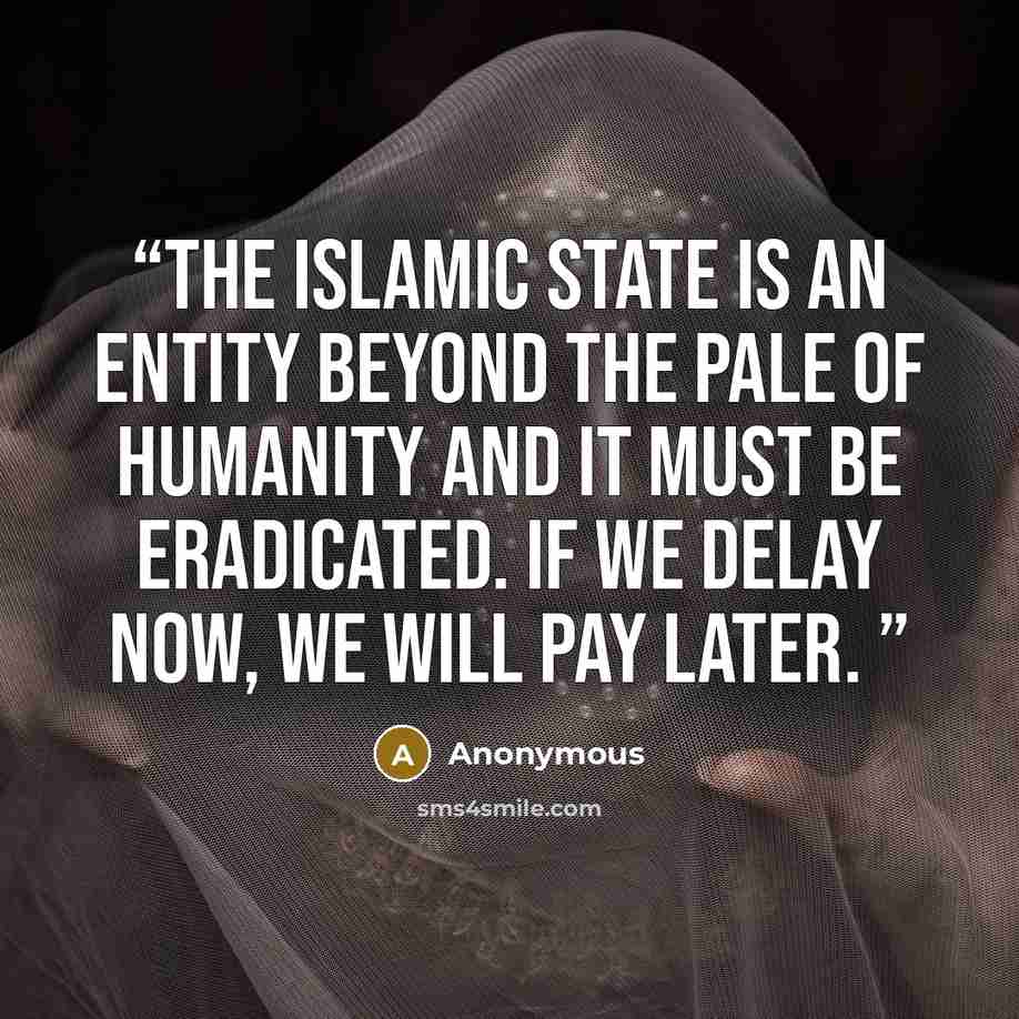 “The Islamic State is an entity beyond the pale of humanity and it must be eradicated. If we delay now, we will pay later.” quote by Anonymous