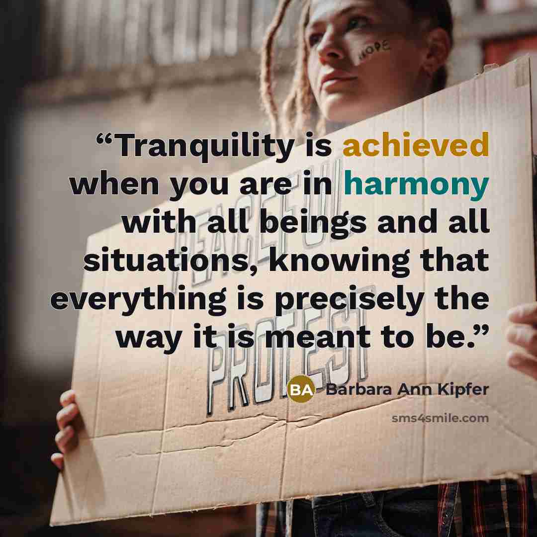 “Tranquility is achieved when you are in harmony with all beings and all situations, knowing that everything is precisely the way it is meant to be.” quote by Barbara Ann Kipfer