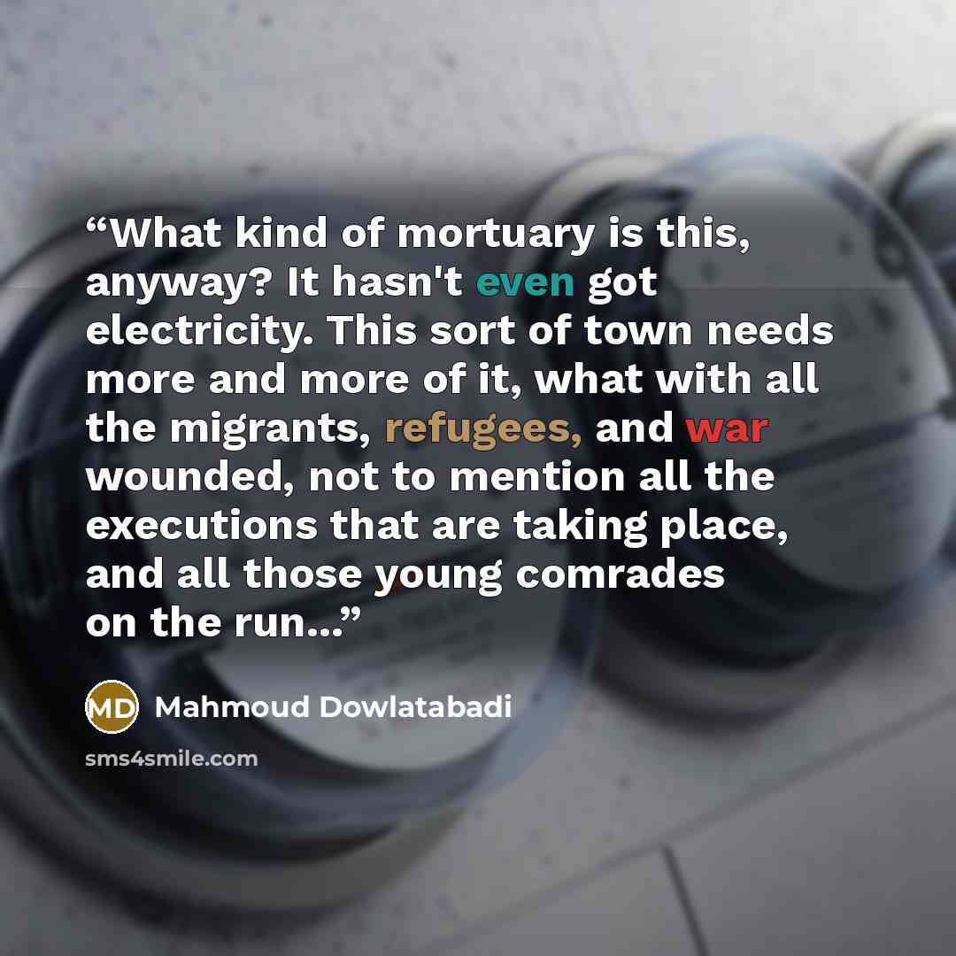 “What kind of mortuary is this, anyway? It hasn't even got electricity. This sort of town needs more and more of it, what with all the migrants, refugees, and war wounded, not to mention all the executions that are taking place, and all those young comrades on the run...” quote by Mahmoud Dowlatabadi