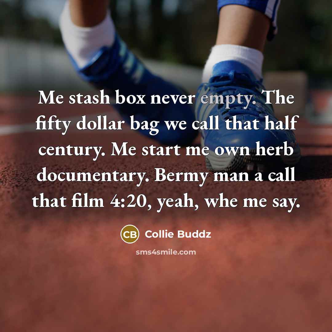 “Me stash box never empty. The fifty dollar bag we…” quote by Collie Buddz
