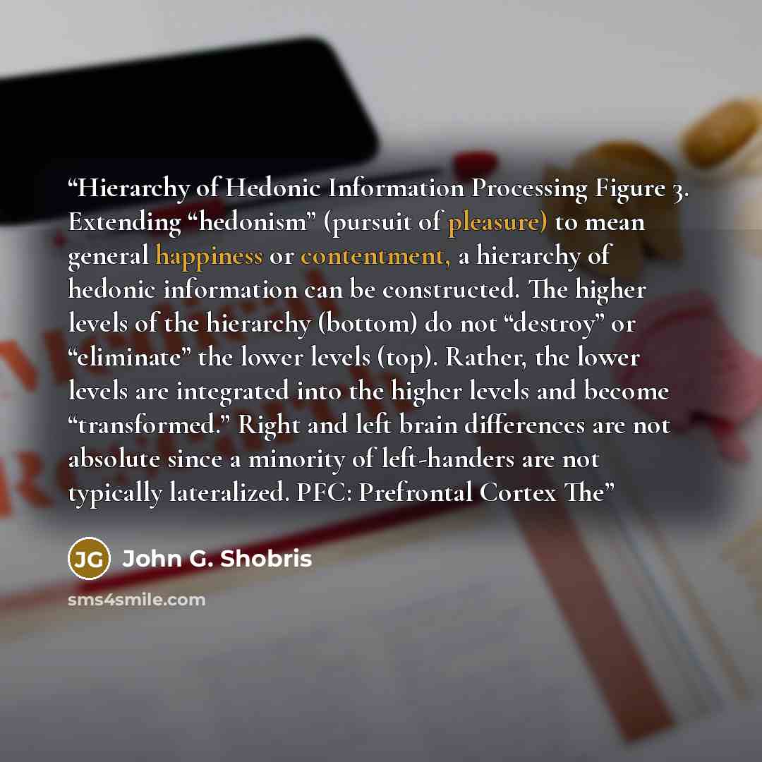 “Hierarchy of Hedonic Information Processing Figure 3. Extending “hedonism” (pursuit of pleasure) to mean general happiness or contentment, a hierarchy of hedonic information can be constructed. The higher levels of the hierarchy (bottom) do not “destroy” or “eliminate” the lower levels (top)…” quote by John G. Shobris