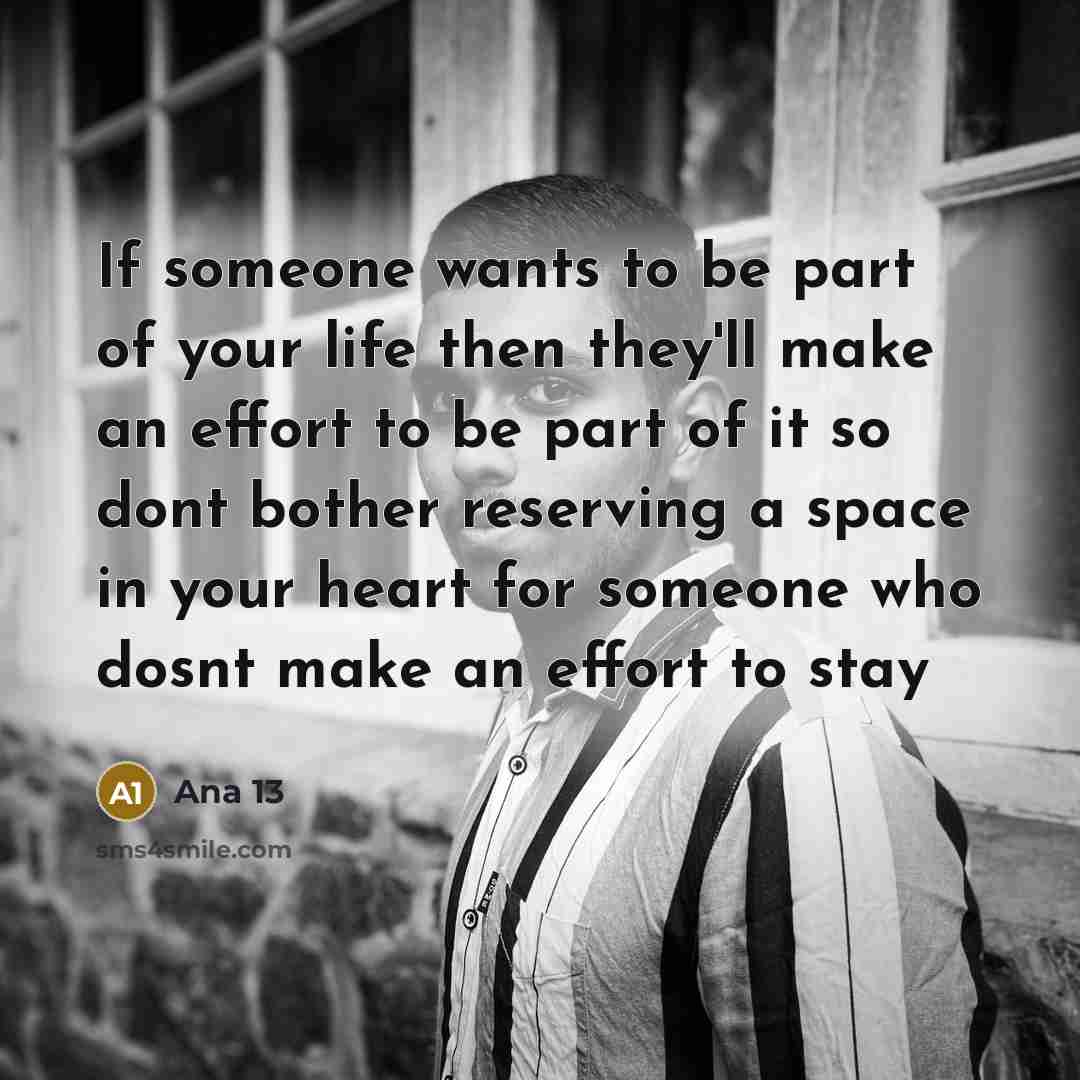 “If someone wants to be part of your life then they'll make an effort to be part of it so dont bother reserving a space in your heart for someone who dosnt make an effort to stay” quote by Ana 13