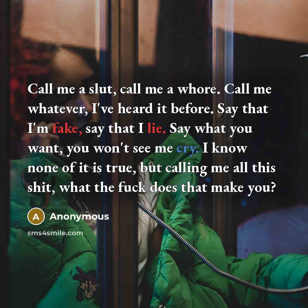 “Call me a slut, call me a whore. Call me whatever, I've heard it before. Say that I'm fake, say that I lie. Say what you want, you won't see me cry. I know none of it is true, but calling me all this shit, what the fuck does that make you?” quote by Anonymous