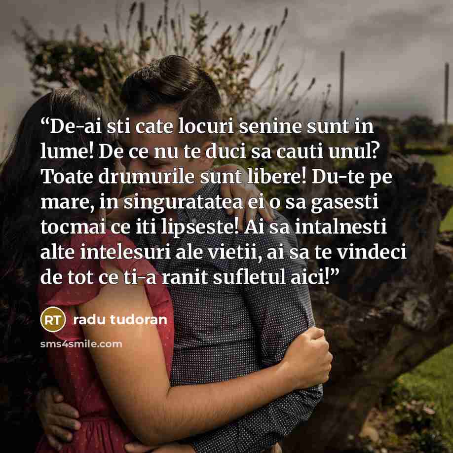 “De-ai sti cate locuri senine sunt in lume! De ce nu te duci sa cauti unul? Toate drumurile sunt libere! Du-te pe mare, in singuratatea ei o sa gasesti tocmai ce iti lipseste! Ai sa intalnesti alte intelesuri ale vietii, ai sa te vindeci de tot ce ti-a ranit sufletul aici!” quote by Radu Tudoran