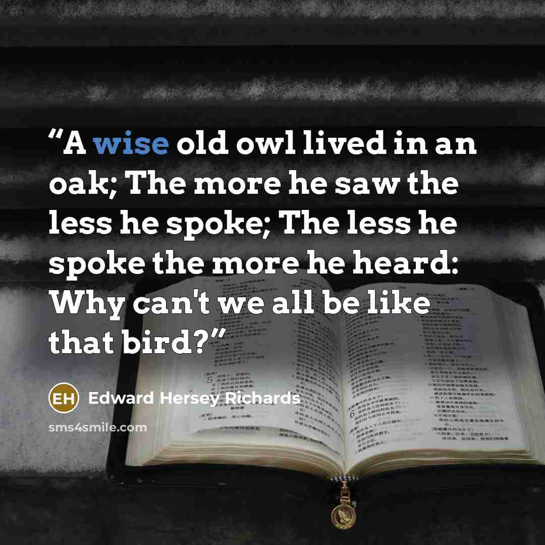 “A wise old owl lived in an oak; The more he saw the less he spoke; The less he spoke the more he heard: Why can't we all be like that bird?” quote by Edward Hersey Richards
