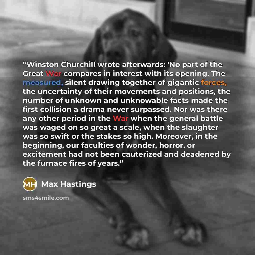 “Winston Churchill wrote afterwards: 'No part of the Great War compares in interest with its opening. The measured, silent drawing together of gigantic forces, the uncertainty of their movements and positions, the number of unknown and unknowable facts made the first collision a drama never…” quote by Max Hastings