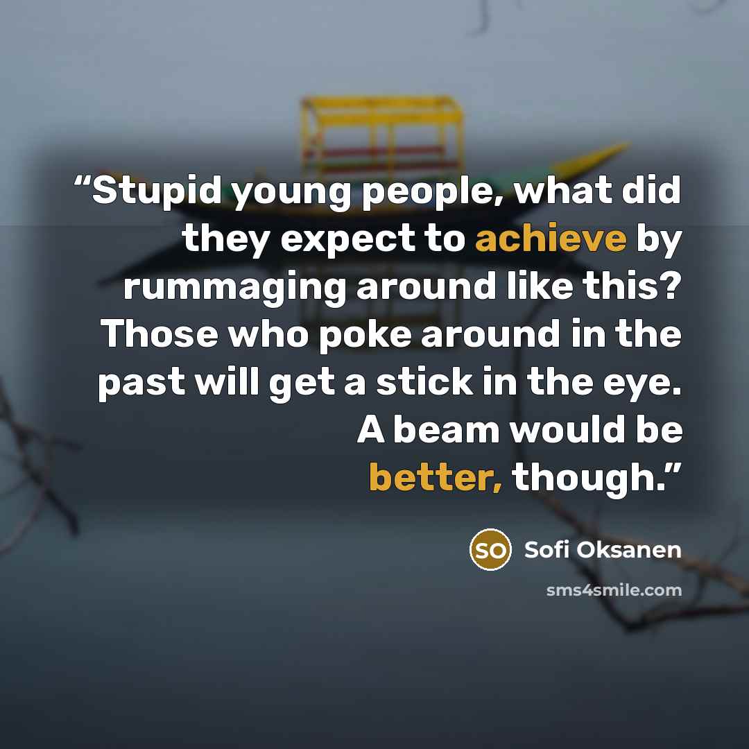 “Stupid young people, what did they expect to achieve by rummaging around like this? Those who poke around in the past will get a stick in the eye. A beam would be better, though.” quote by Sofi Oksanen