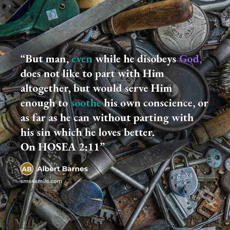 “But man, even while he disobeys God, does not like to part with Him altogether, but would serve Him enough to soothe his own conscience, or as far as he can without parting with his sin which he loves better. On HOSEA 2:11” quote by albert barnes