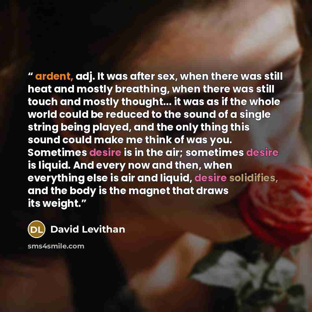 “ardent, adj. It was after sex, when there was still heat and mostly breathing, when there was still touch and mostly thought... it was as if the whole world could be reduced to the sound of a single string being played, and the only thing this sound could make me think of was you. Sometimes desire…” quote by David Levithan