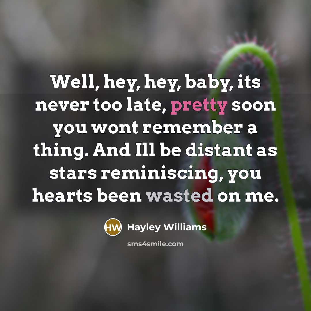 “Well, hey, hey, baby, its never too late, pretty soon you wont remember a thing. And Ill be distant as stars reminiscing, you hearts been wasted on me.” quote by Hayley Williams