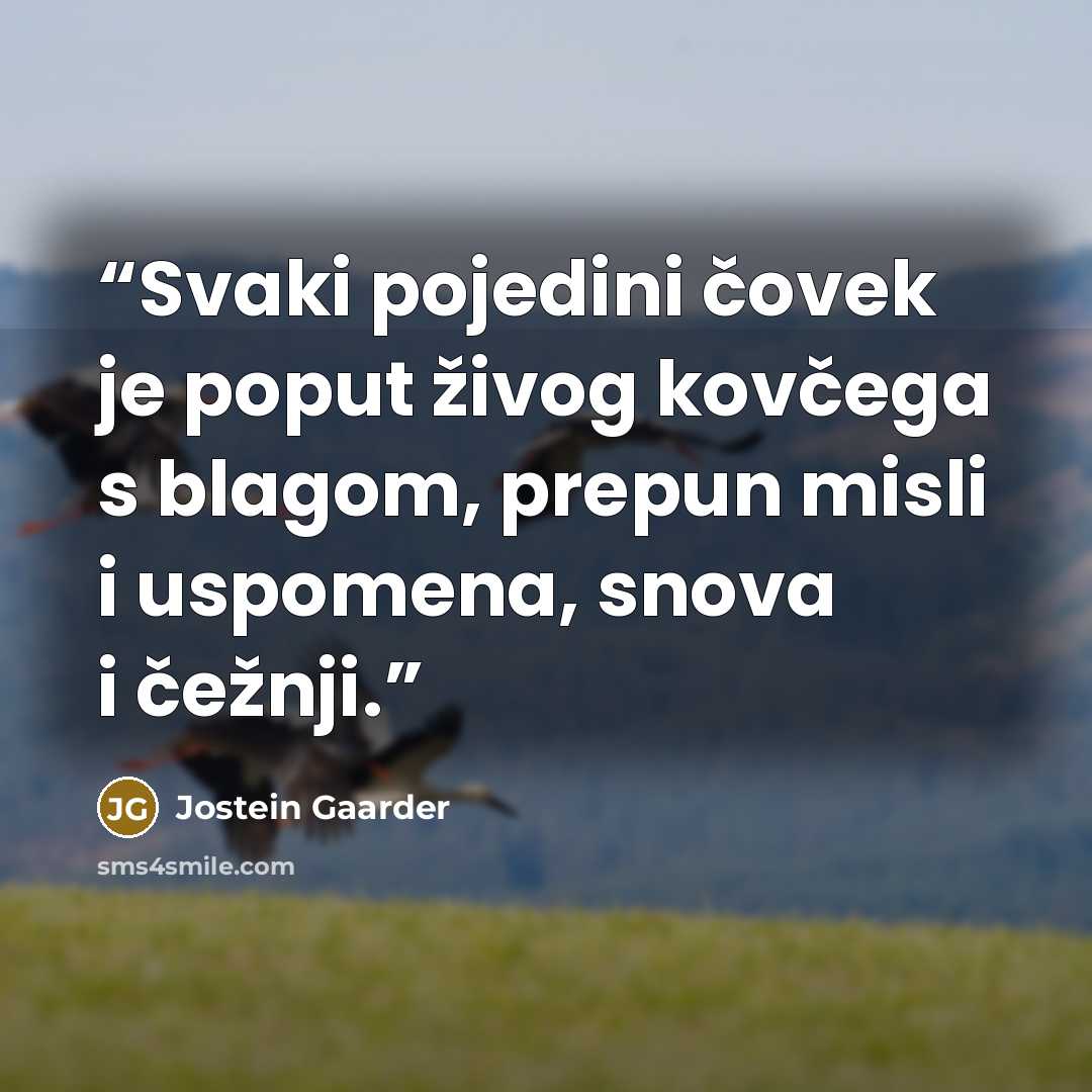 “Svaki pojedini čovek je poput živog kovčega s blagom, prepun misli i uspomena, snova i čežnji.” quote by Jostein Gaarder