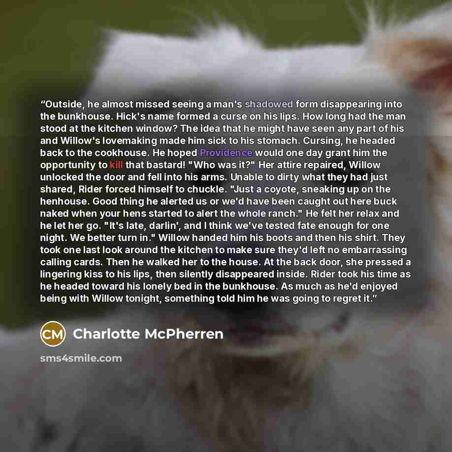 “Outside, he almost missed seeing a man's shadowed form disappearing into the bunkhouse. Hick's name formed a curse on his lips. How long had the man stood at the kitchen window? The idea that he might have seen any part of his and Willow's lovemaking made him sick to his stomach. Cursing, he…” quote by Charlotte McPherren