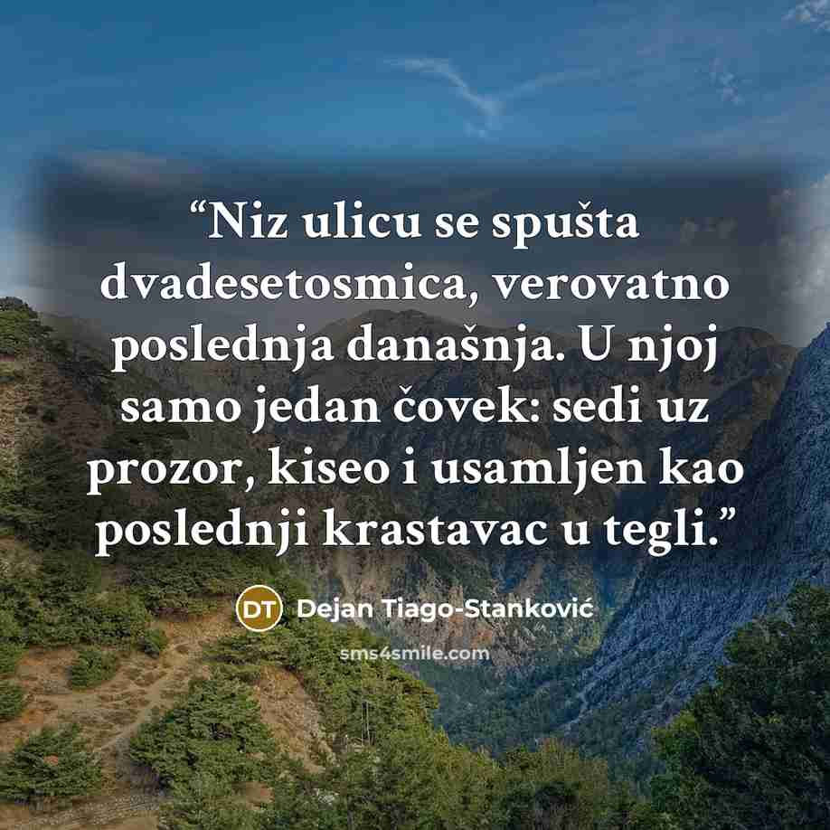 “Niz ulicu se spušta dvadesetosmica, verovatno poslednja današnja. U njoj samo jedan čovek: sedi uz prozor, kiseo i usamljen kao poslednji krastavac u tegli.” quote by Dejan Tiago-Stanković