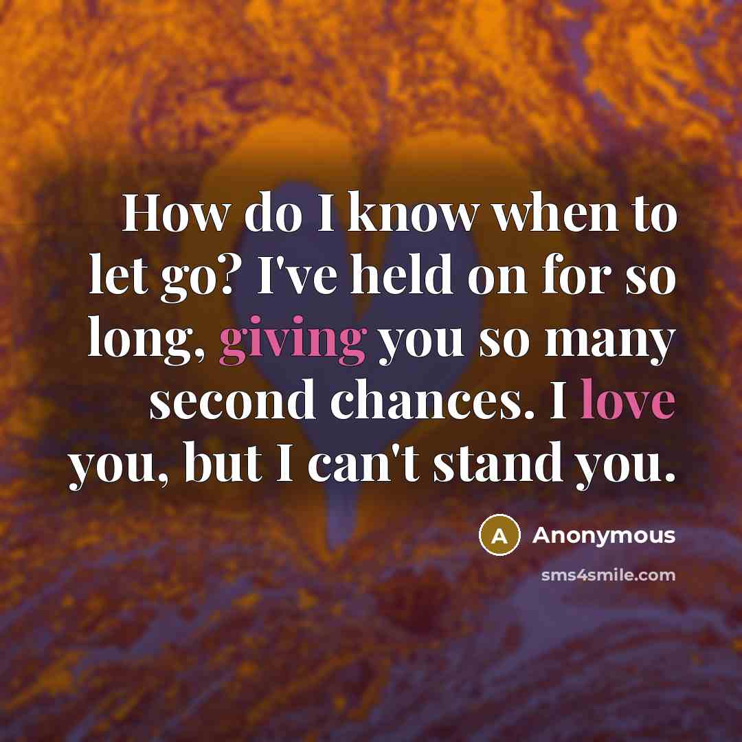 “How do I know when to let go? I've held on for so long, giving you so many second chances. I love you, but I can't stand you.” quote by Anonymous