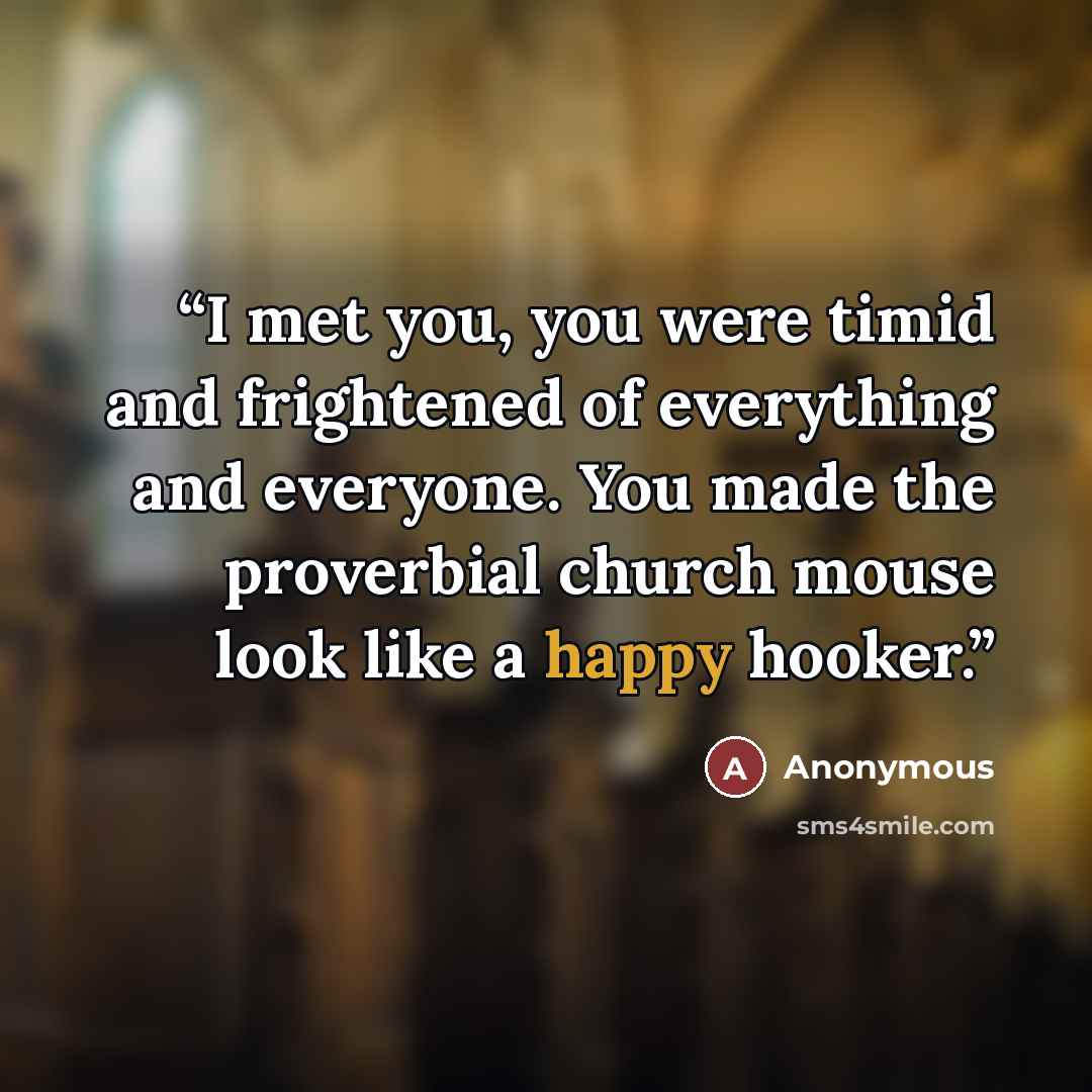 “I met you, you were timid and frightened of everything and everyone. You made the proverbial church mouse look like a happy hooker.” quote by Anonymous