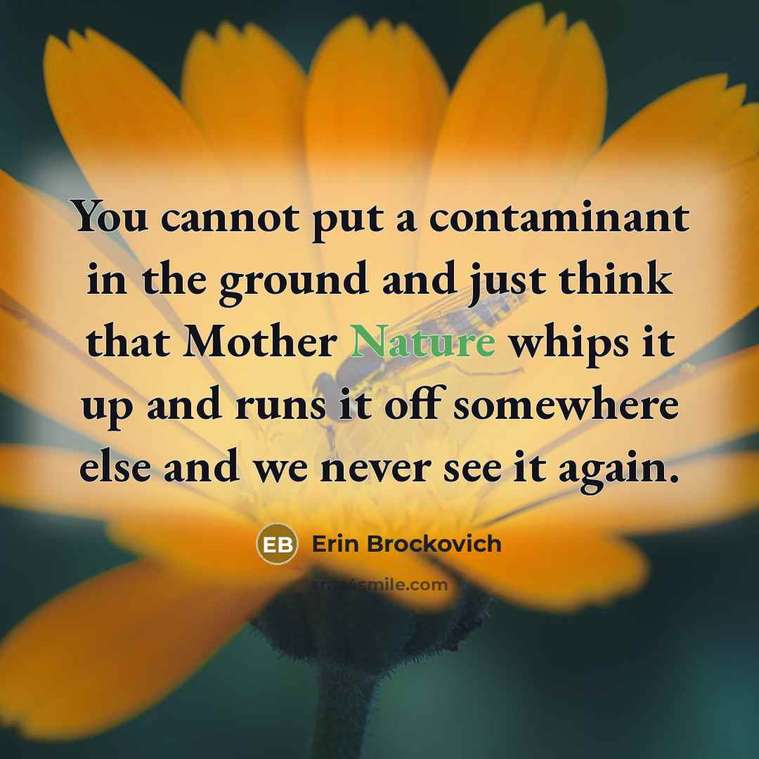 “You cannot put a contaminant in the ground and just think that Mother Nature whips it up and runs it off somewhere else and we never see it again.” quote by Erin Brockovich