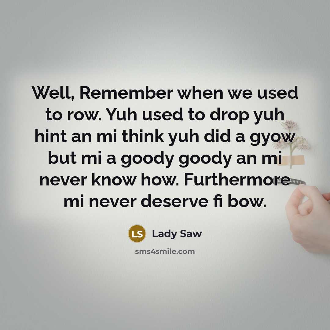 “Well, Remember when we used to row. Yuh used to drop yuh hint an mi think yuh did a gyow but mi a goody goody an mi never know how. Furthermore mi never deserve fi bow.” quote by Lady Saw