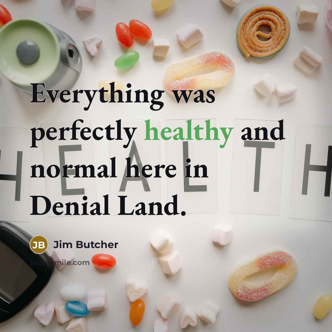 “Everything was perfectly healthy and normal here in Denial Land.…” quote by Jim Butcher