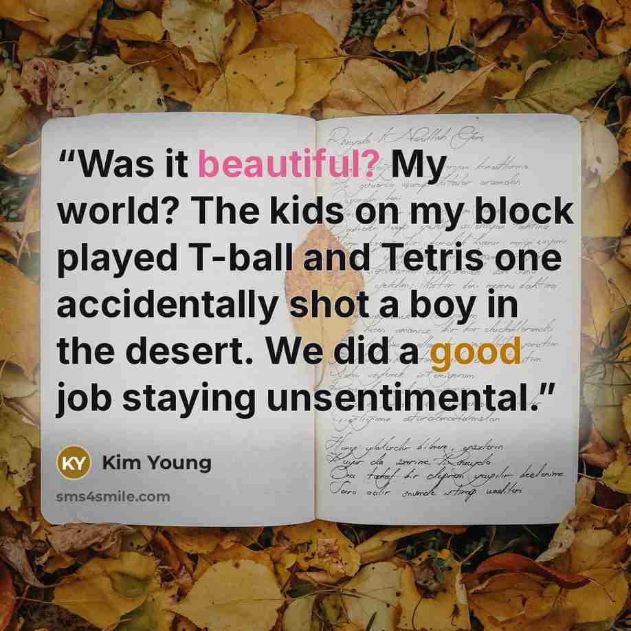 “Was it beautiful? My world? The kids on my block played T-ball and Tetris one accidentally shot a boy in the desert. We did a good job staying unsentimental.” quote by Kim Young