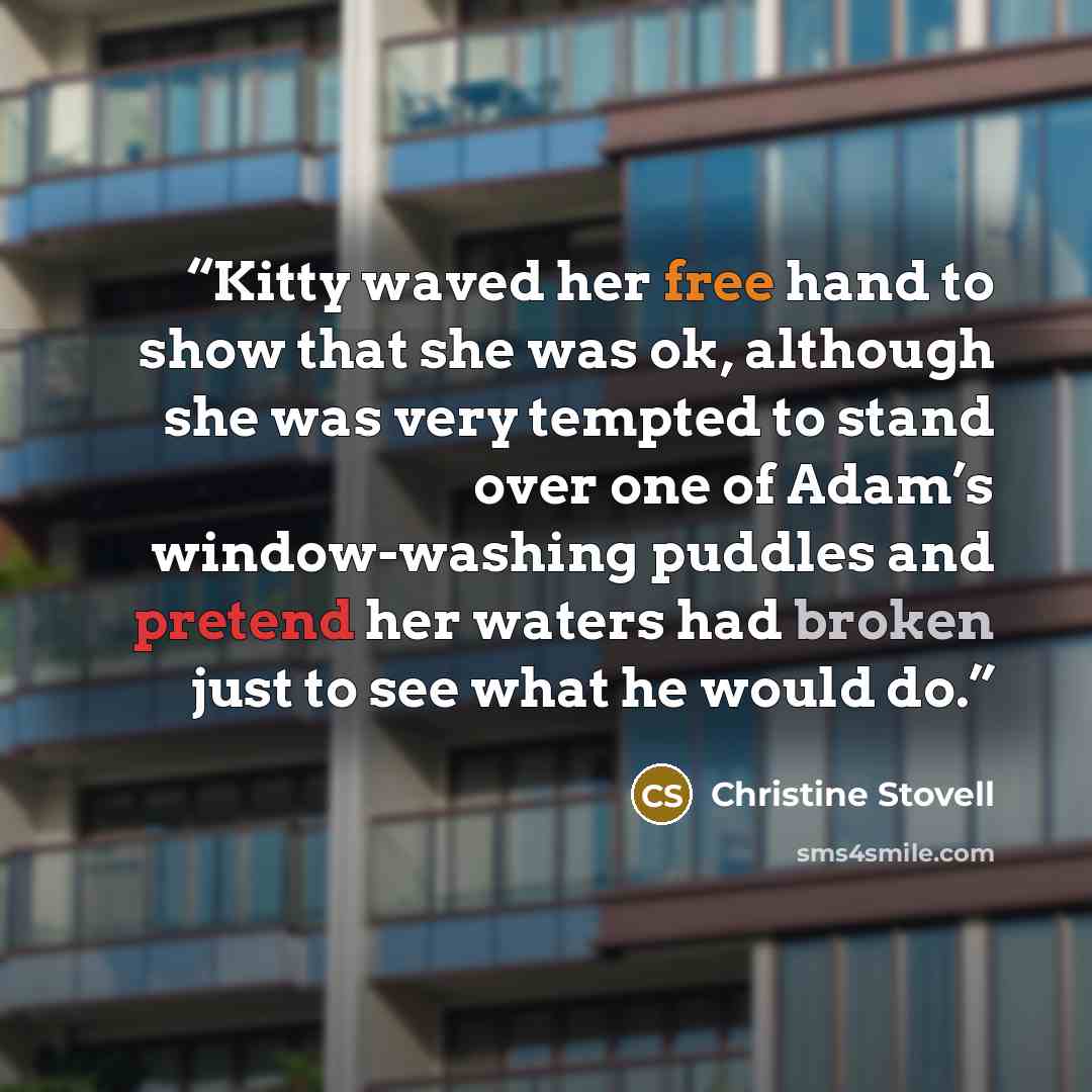 “Kitty waved her free hand to show that she was ok, although she was very tempted to stand over one of Adam’s window-washing puddles and pretend her waters had broken just to see what he would do.” quote by Christine Stovell
